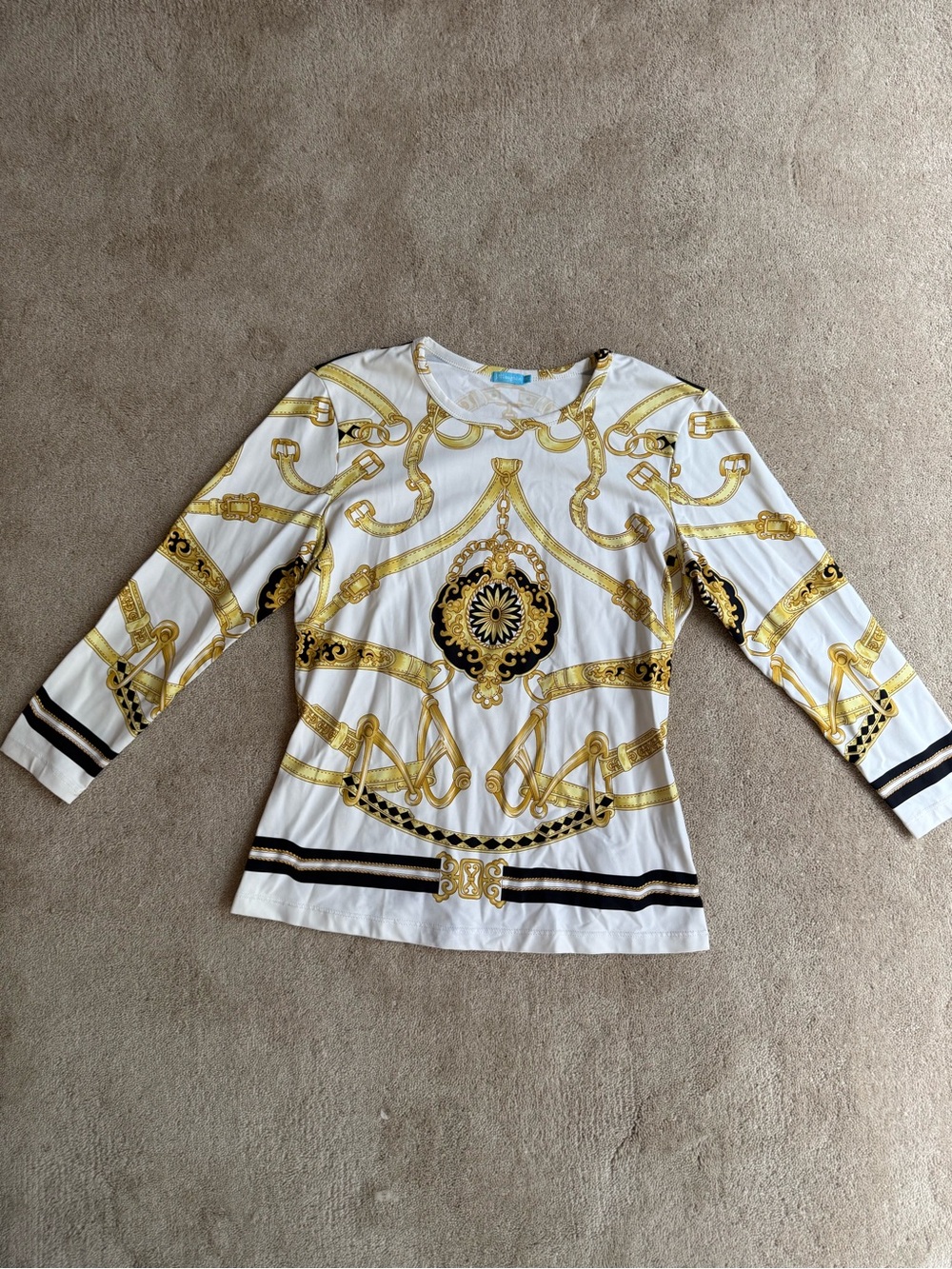 J. McLaughlin White and Gold Baroque-Print Long Sleeve Top